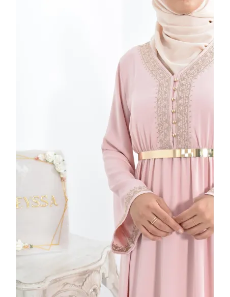 Robe longue de fête rose brodée cintrée robe ample femme musulmane