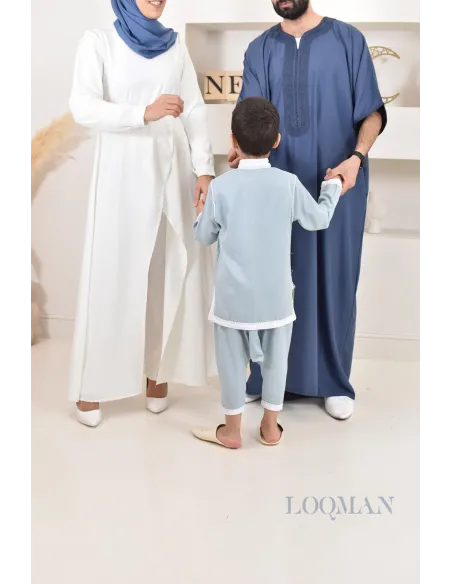 Ensemble Jabador garçon 2 pièces bleu jean tunique brodée et sarouel