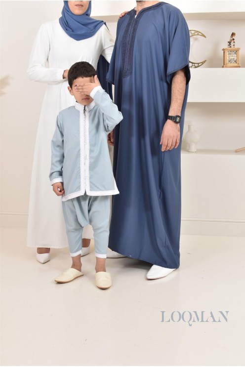 Ensemble Jabador garçon 2 pièces bleu jean tunique brodée et sarouel