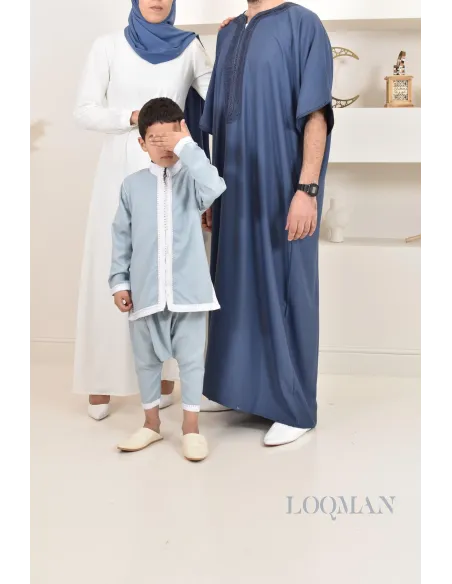 Ensemble Jabador garçon 2 pièces bleu jean tunique brodée et sarouel