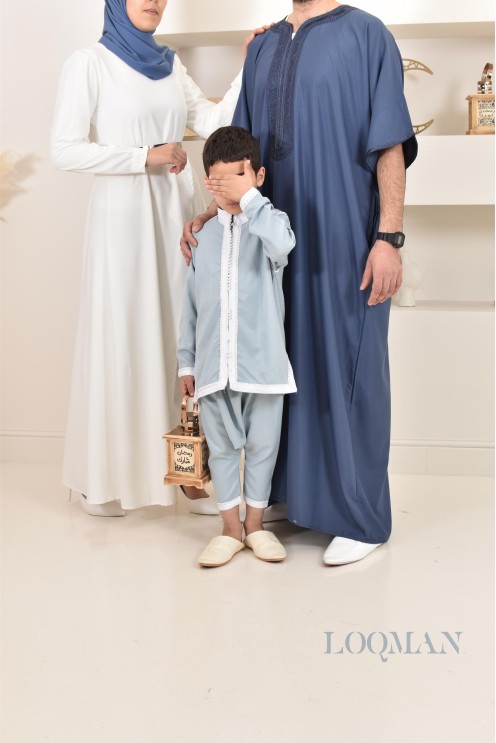 Ensemble Jabador garçon 2 pièces bleu jean tunique brodée et sarouel