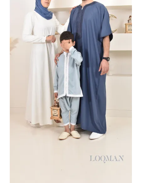 Ensemble Jabador garçon 2 pièces bleu jean tunique brodée et sarouel