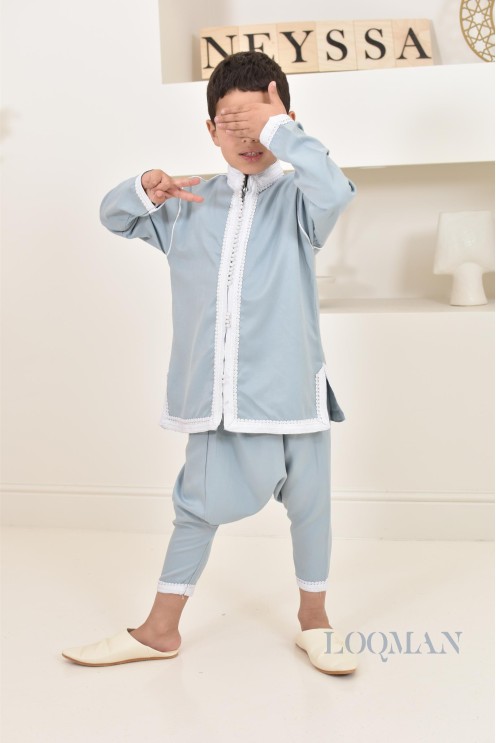 Ensemble Jabador garçon 2 pièces bleu jean tunique brodée et sarouel