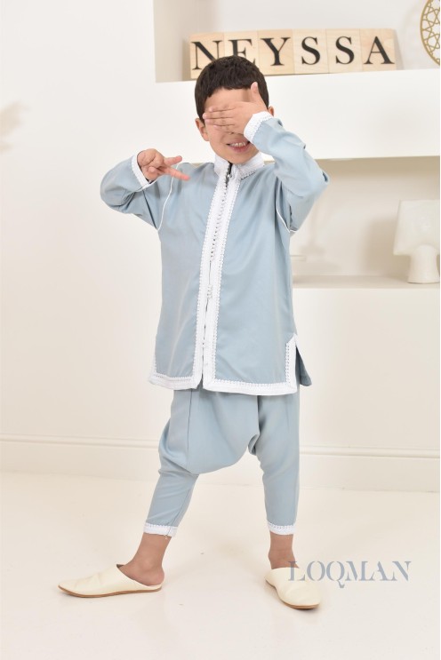 Ensemble Jabador garçon 2 pièces bleu jean tunique brodée et sarouel