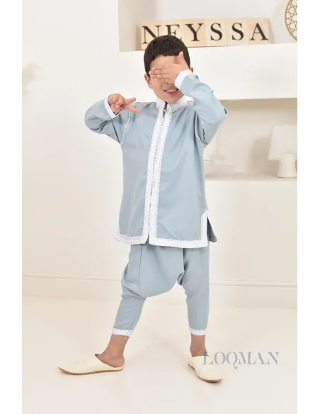 Ensemble Jabador garçon 2 pièces bleu jean tunique brodée et sarouel