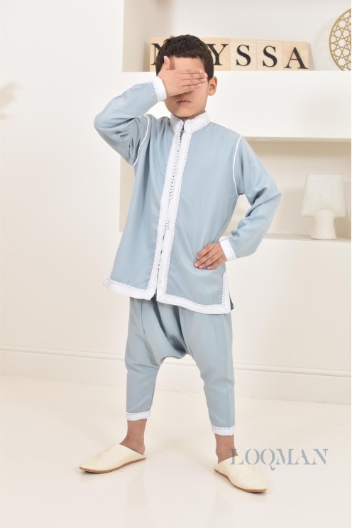 Ensemble Jabador garçon 2 pièces bleu jean tunique brodée et sarouel