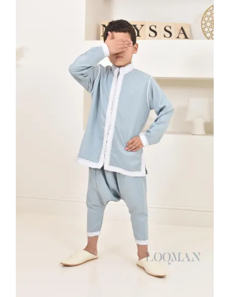 Ensemble Jabador garçon 2 pièces bleu jean tunique brodée et sarouel