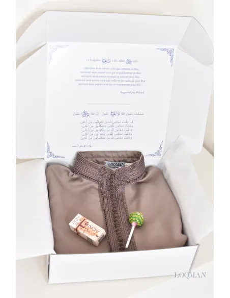 Ensemble Jabador marocain garçon 2 pièces taupe avec tunique brodée et sarouel