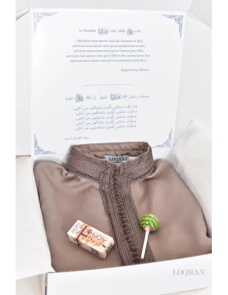 Ensemble Jabador marocain garçon 2 pièces taupe avec tunique brodée et sarouel