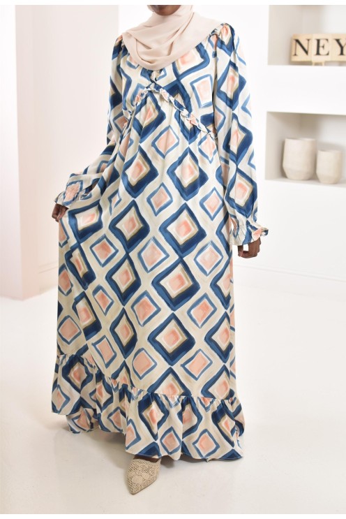 Robe longue bleu en satin évasée avec motifs tendances, parfait pour les femmes voilées, collection été