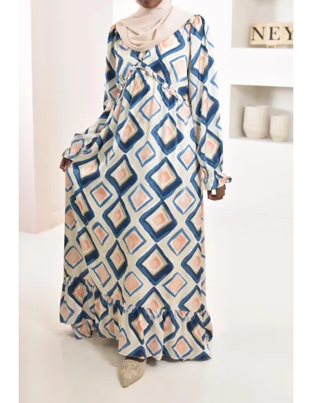 Robe longue bleu en satin évasée avec motifs tendances, parfait pour les femmes voilées, collection été