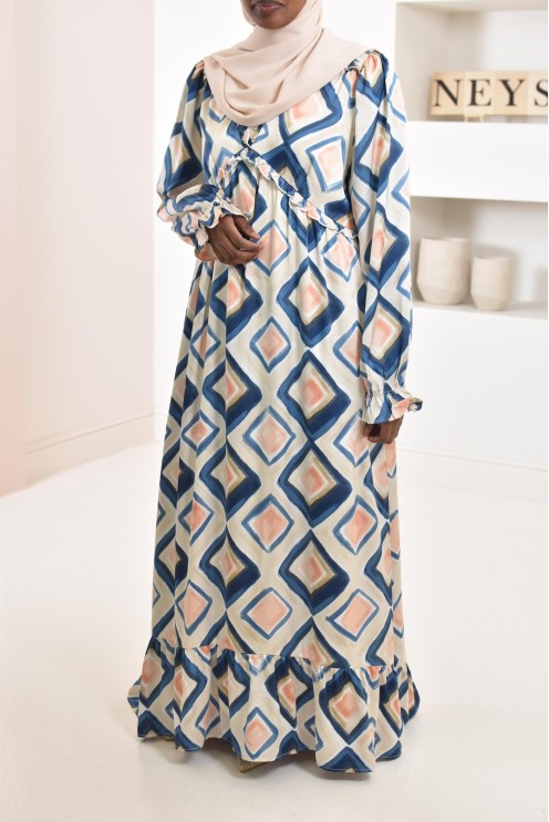 Robe longue bleu en satin évasée avec motifs tendances, parfait pour les femmes voilées, collection été