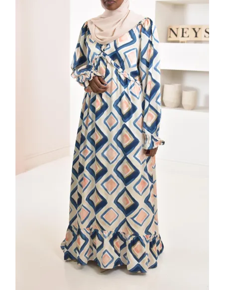 Robe longue bleu en satin évasée avec motifs tendances, parfait pour les femmes voilées, collection été