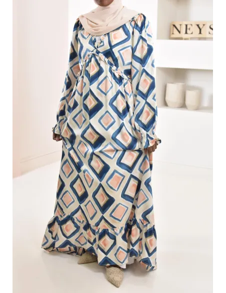 Robe longue bleu en satin évasée avec motifs tendances, parfait pour les femmes voilées, collection été