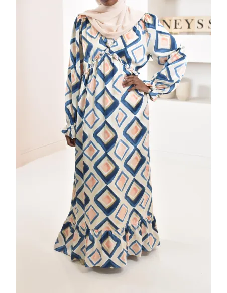 Robe longue bleu en satin évasée avec motifs tendances, parfait pour les femmes voilées, collection été