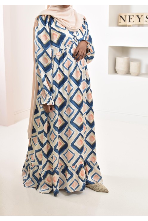 Robe longue bleu en satin évasée avec motifs tendances, parfait pour les femmes voilées, collection été