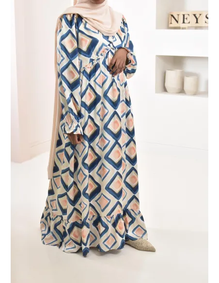 Robe longue bleu en satin évasée avec motifs tendances, parfait pour les femmes voilées, collection été