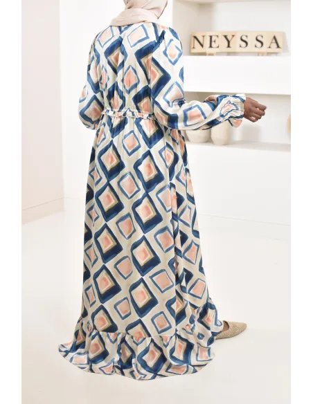 Robe longue bleu en satin évasée avec motifs tendances, parfait pour les femmes voilées, collection été