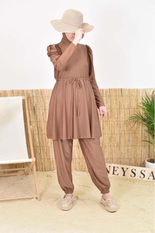 Burkini large mastour marron coupe évasée avec cagoule intégrée femme voilée musulmane