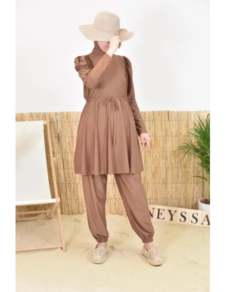 Burkini large mastour marron coupe évasée avec cagoule intégrée femme voilée musulmane