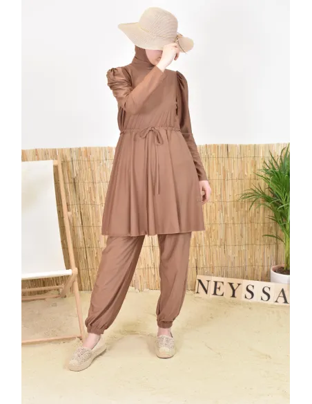 Burkini large mastour marron coupe évasée avec cagoule intégrée femme voilée musulmane