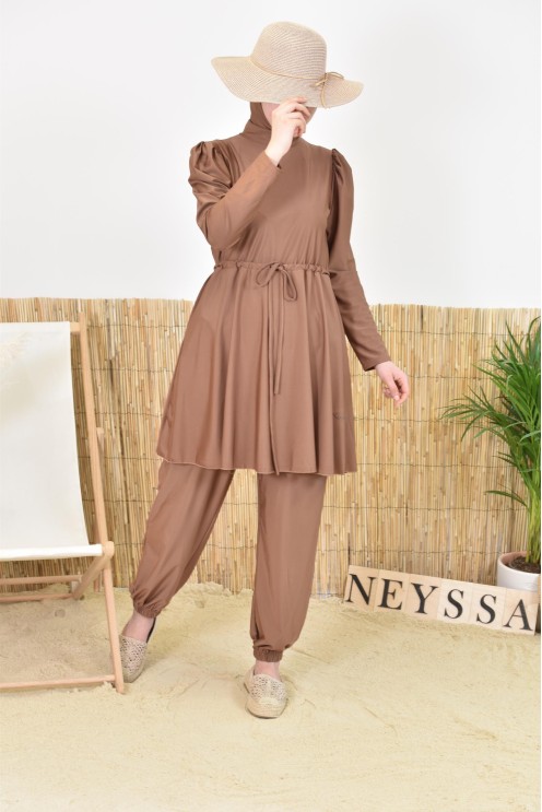 Burkini large mastour marron coupe évasée avec cagoule intégrée femme voilée musulmane