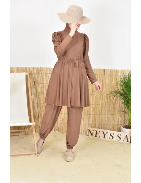 Burkini large mastour marron coupe évasée avec cagoule intégrée femme voilée musulmane