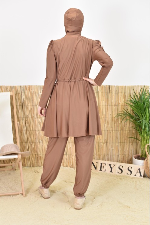 Burkini large mastour marron coupe évasée avec cagoule intégrée femme voilée musulmane