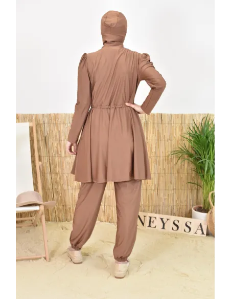Burkini large mastour marron coupe évasée avec cagoule intégrée femme voilée musulmane
