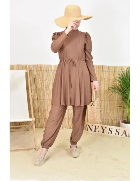 Burkini large mastour marron coupe évasée avec cagoule intégrée femme voilée musulmane