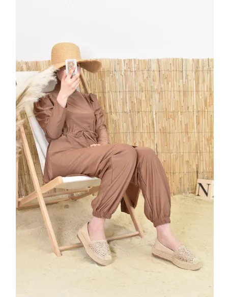 Burkini large mastour marron coupe évasée avec cagoule intégrée femme voilée musulmane