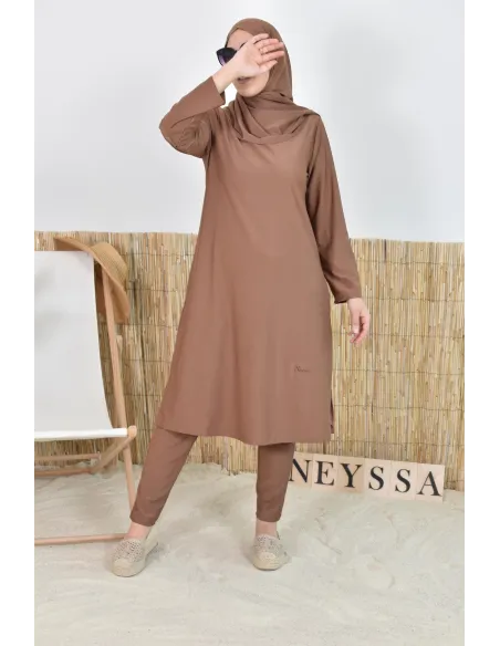 Burkini hijab long marron maillot de bain mastour pour femme voilée musulmane