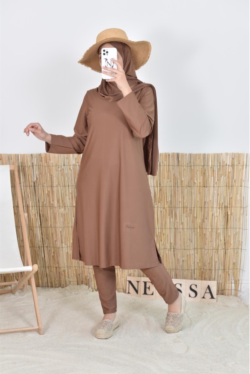 Burkini hijab long marron maillot de bain mastour pour femme voilée musulmane
