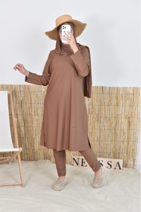 Burkini hijab long marron maillot de bain mastour pour femme voilée musulmane