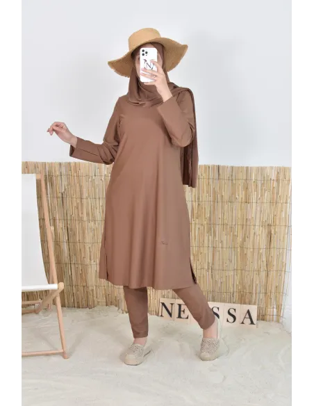Burkini hijab long marron maillot de bain mastour pour femme voilée musulmane