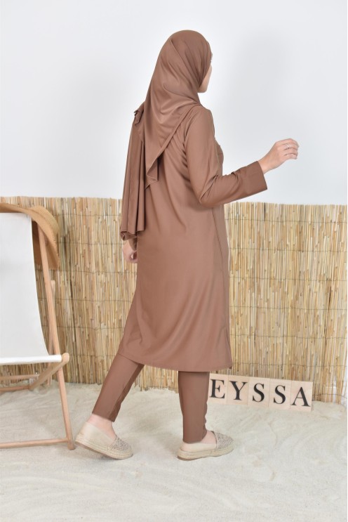 Burkini hijab long marron maillot de bain mastour pour femme voilée musulmane