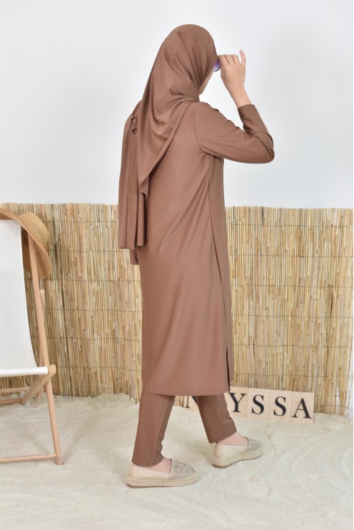 Burkini hijab long marron maillot de bain mastour pour femme voilée musulmane