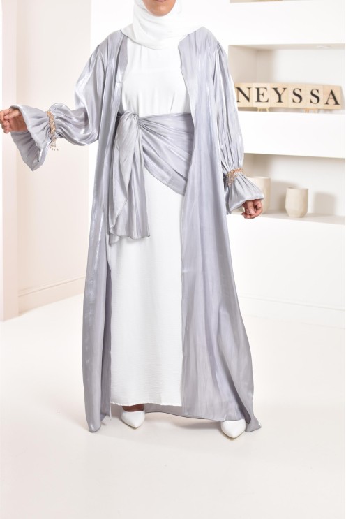 4-piece Abaya Dubai in shiny grey satin organza with beaded sleeves!