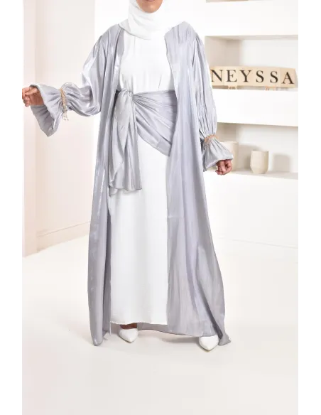 4-piece Abaya Dubai in shiny grey satin organza with beaded sleeves!