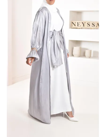 4-piece Abaya Dubai in shiny grey satin organza with beaded sleeves!