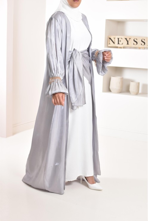 4-piece Abaya Dubai in shiny grey satin organza with beaded sleeves!
