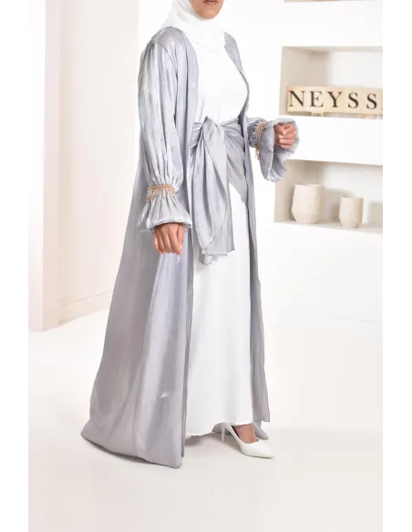 4-piece Abaya Dubai in shiny grey satin organza with beaded sleeves!
