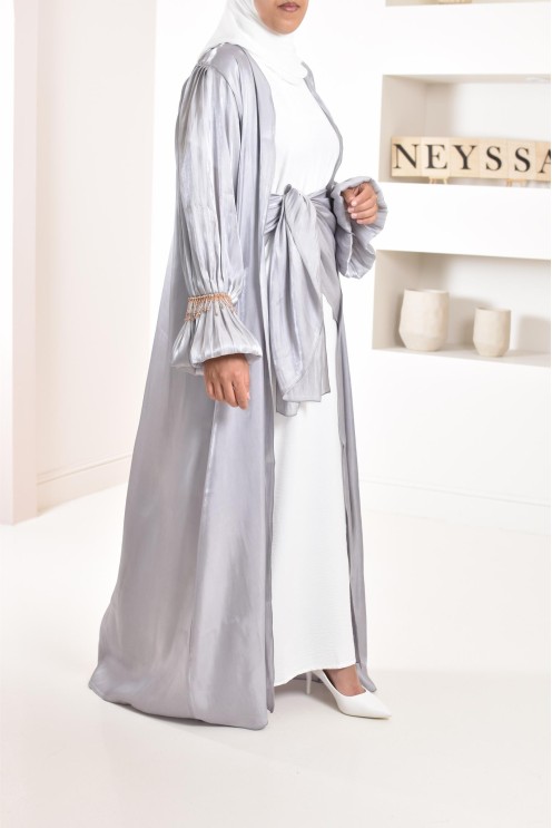 4-piece Abaya Dubai in shiny grey satin organza with beaded sleeves!