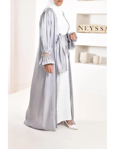 4-piece Abaya Dubai in shiny grey satin organza with beaded sleeves!