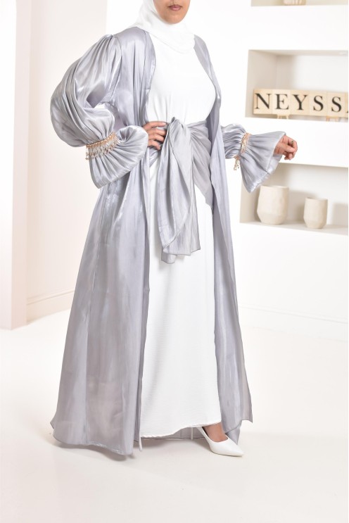 4-piece Abaya Dubai in shiny grey satin organza with beaded sleeves!