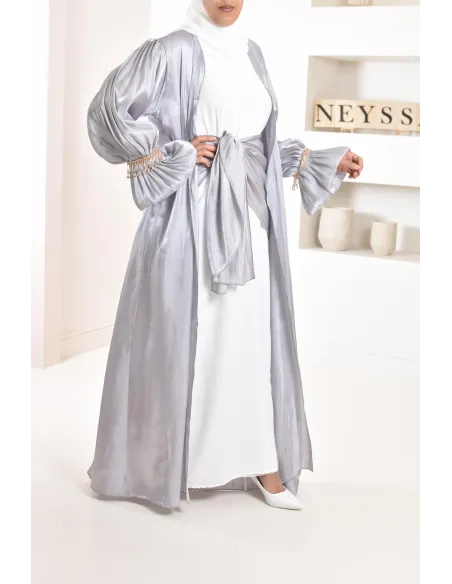 4-piece Abaya Dubai in shiny grey satin organza with beaded sleeves!