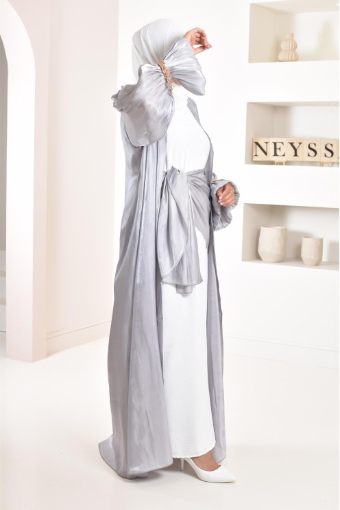 4-piece Abaya Dubai in shiny grey satin organza with beaded sleeves!