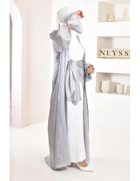 4-piece Abaya Dubai in shiny grey satin organza with beaded sleeves!