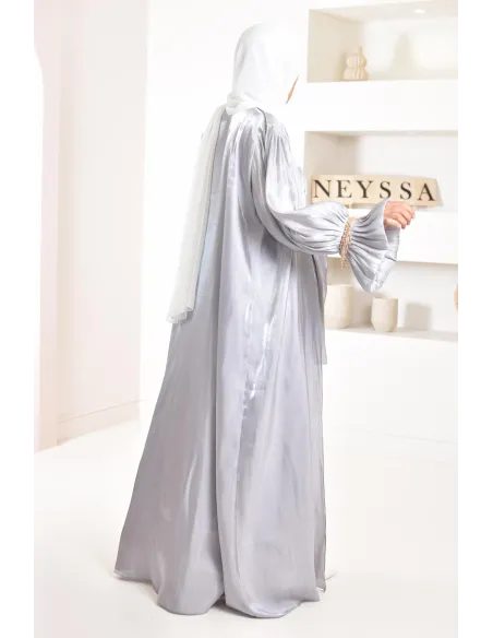 4-piece Abaya Dubai in shiny grey satin organza with beaded sleeves!