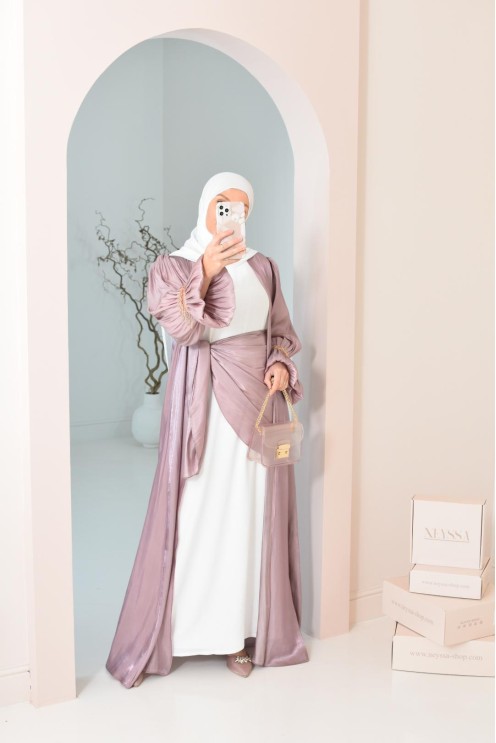 Abaya Dubaï 4 pièces aspect organza satinée brillant Mauve !